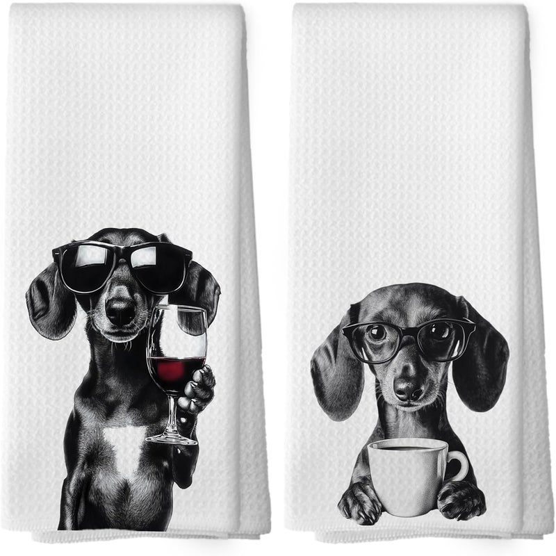 Mcehtle Dachshund Kitchen Towels Set of 2, Funny Kitchen Decor, Coffee Station Wine Bar Decor, Black and White Dog Owner Hand Towel, Wiener Lover Dining Room Kitchen Decorative Tea Towels 16x24 Inch - Image 1